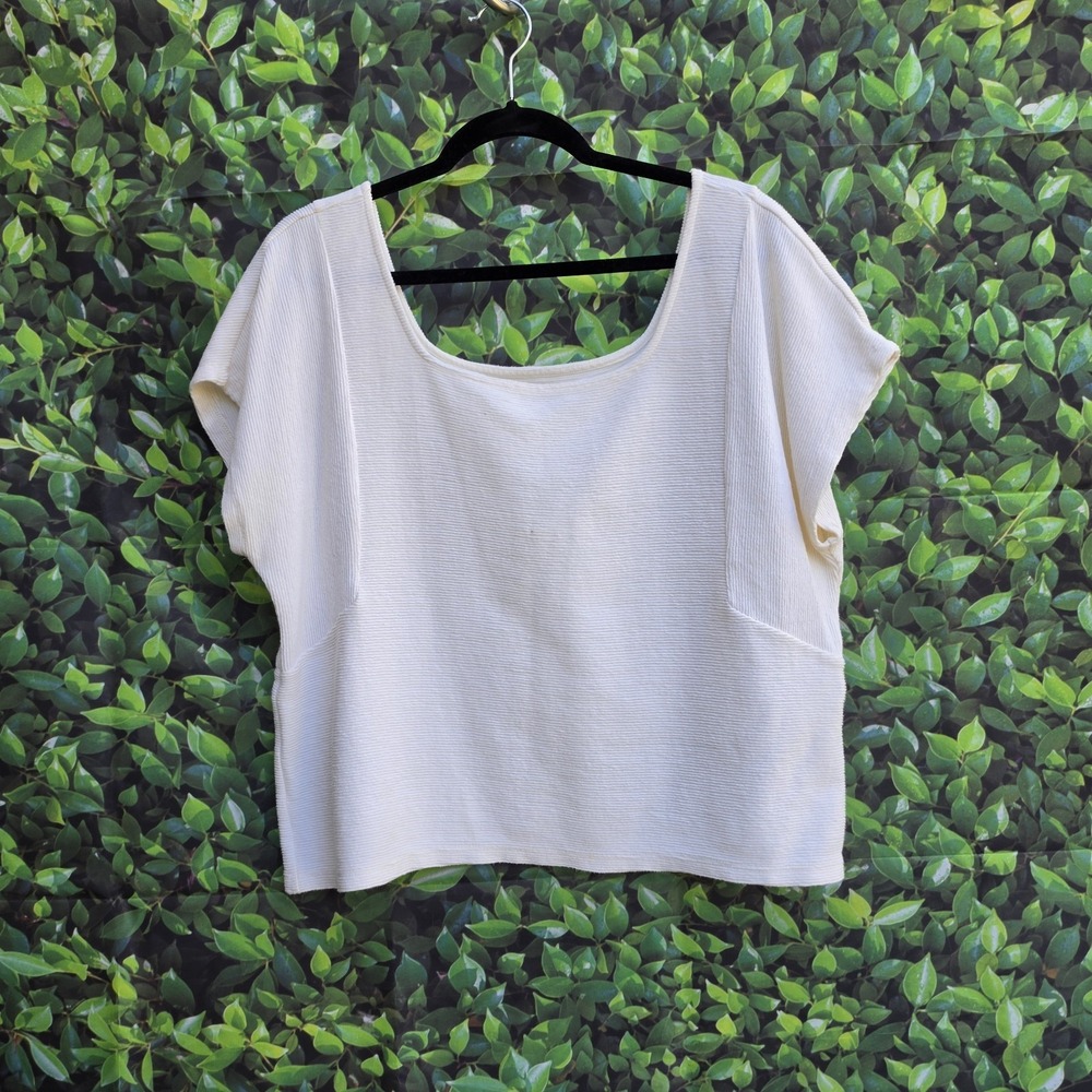 Madewell Womens Cream Ribbed Knit Top Size Large Square Neck Short Sleeve